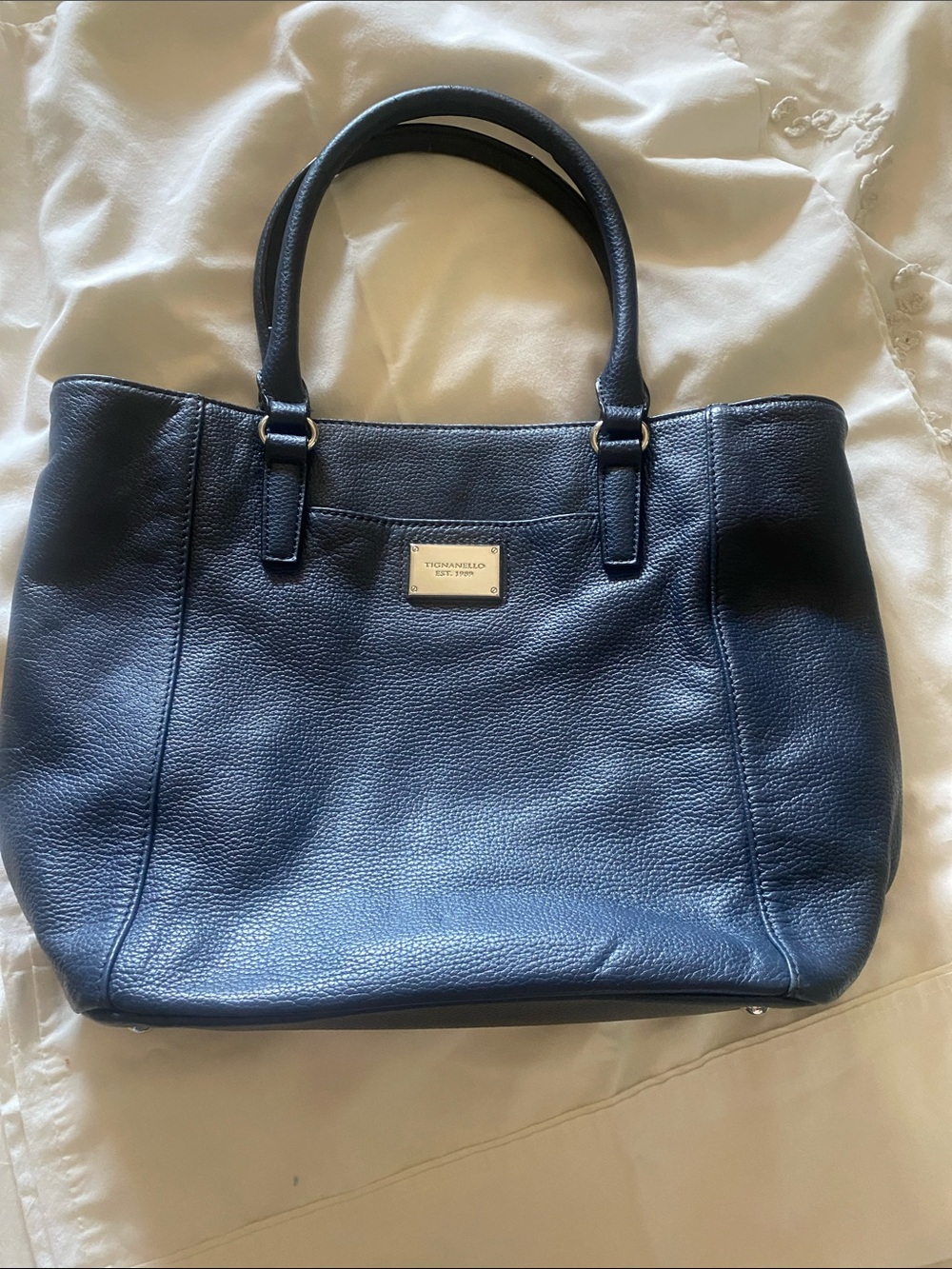 TIGNANELLO  Dark Blue Pebbled Leather Structured Tote with a Removable Bag